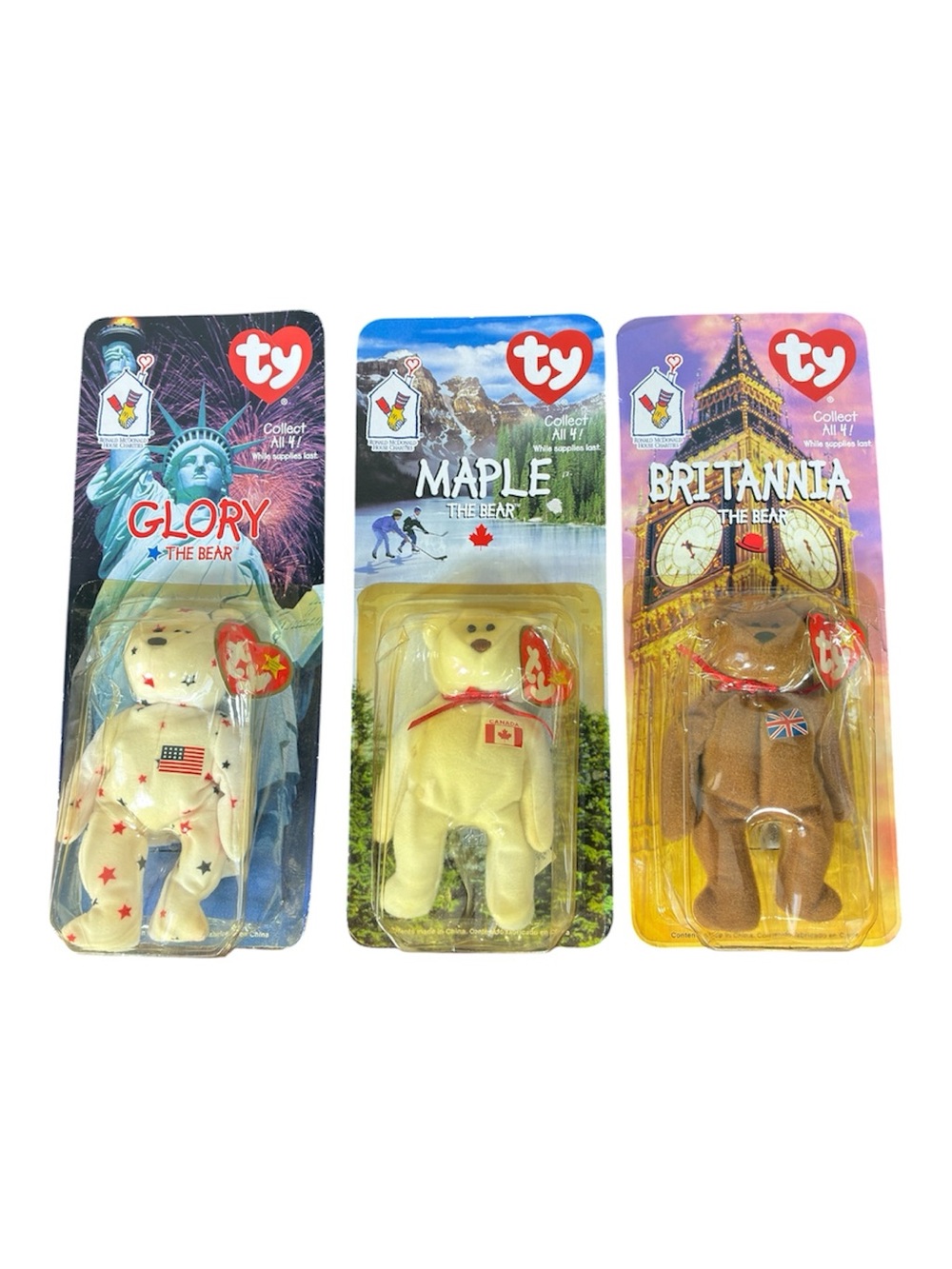 Ty McDonalds Beanie Babies,Glory the Bear, Maple the Bear and Britannia the Bear